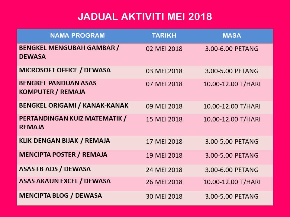 Jadual Aktiviti Mei 2018